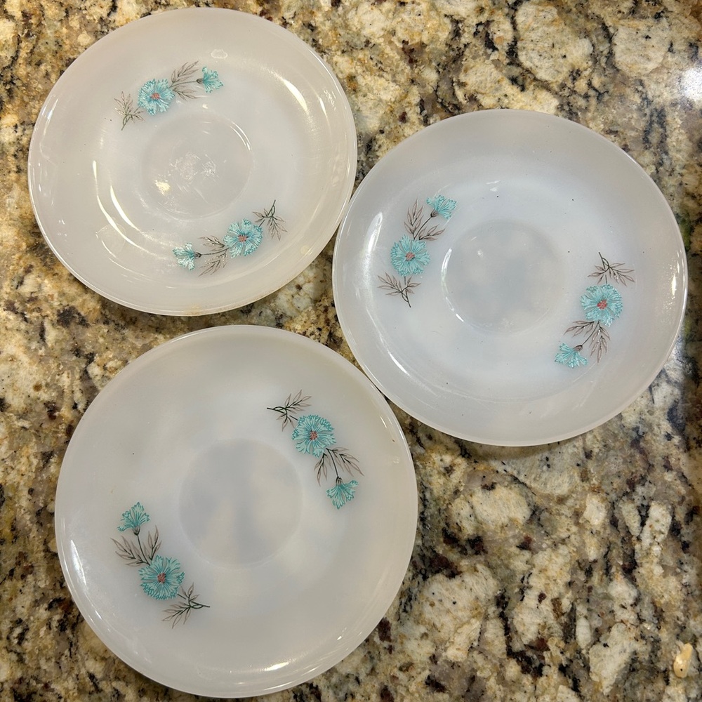 Three vintage Fire King saucers in Bonnie Blue pattern. ☕️☕️💙💙